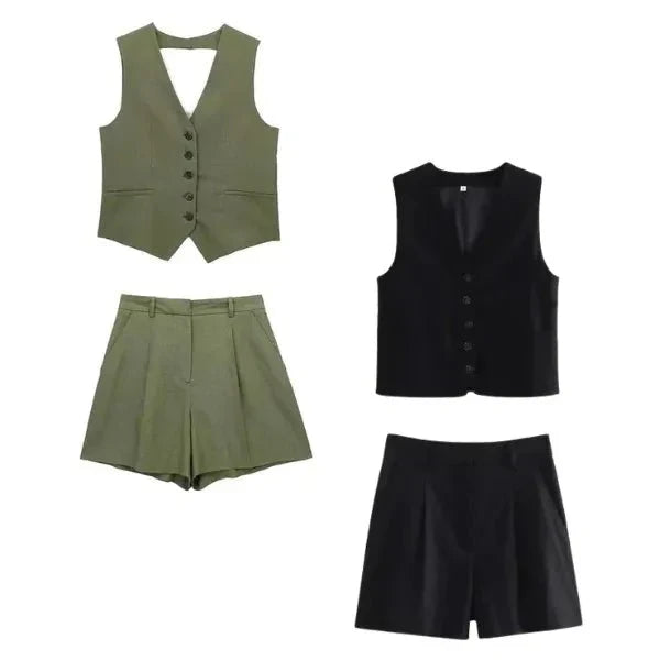 Kit 2 Conjuntos Femininos em Alfaiataria Colete e Shorts em Linho