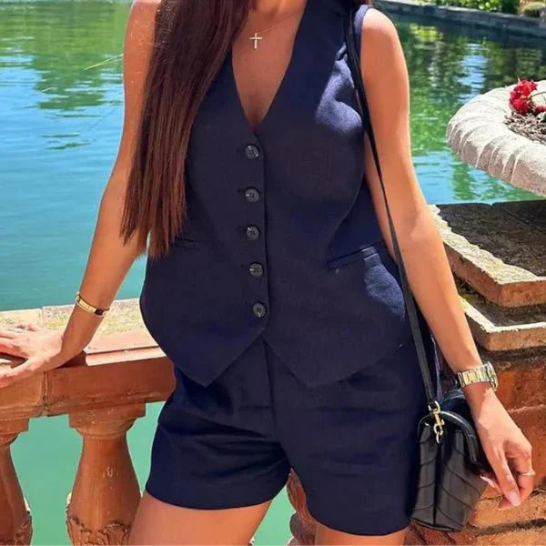 Kit 2 Conjuntos Femininos em Alfaiataria Colete e Shorts em Linho