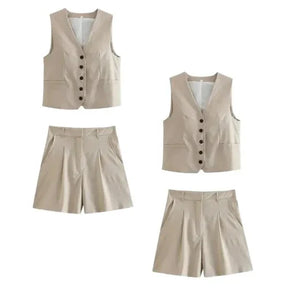 Kit 2 Conjuntos Femininos em Alfaiataria Colete e Shorts em Linho